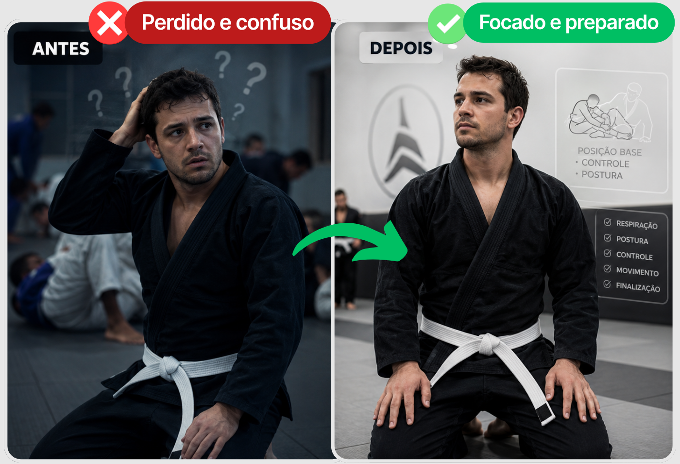 Antes e depois: perdido e confuso vs. focado e preparado